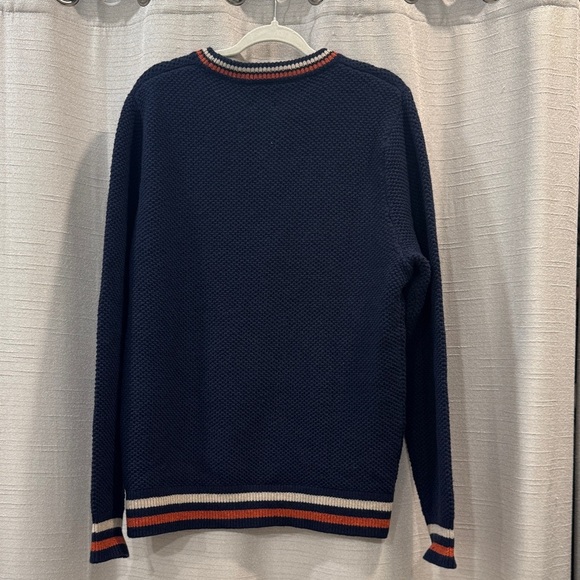 J.CREW NWT Navy Crewneck Sweater with Rust/Brown and Cream Trim Men’s Size L - Picture 2 of 8